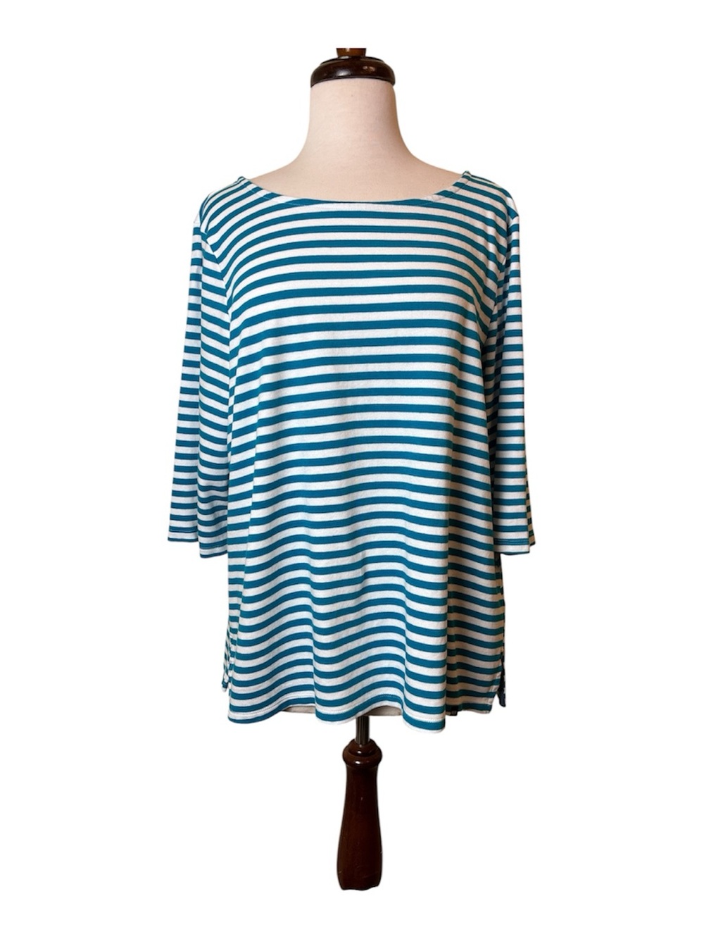 Lands End Striped Teal and White Boatneck Women’s Top Size XXL 100%Pima Cotton
